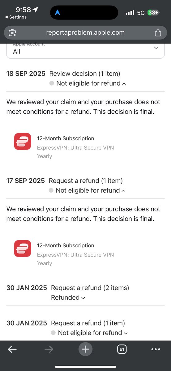 SammyMachielsen's tweet photo. @Apple  Worst refund experience. I made a mistake by purchasing the monthly and yearly subscription for a VPN and got charged for both. When i wanted to cancel the yearly one i get denied the refund. This is ridiculous https://t.co/7WJtfjpHXM