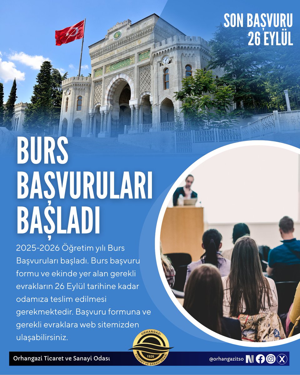 🎓Sevgili Gençler;
💫Üniversite öğrencilerine sağladığımız burs başvurularınızı, 1-26 Eylül tarihleri arasında, web sitemizde yer alan formda belirtilen gerekli evraklarla birlikte yapabilirsiniz.
Detaylar; orhangazitso.org.tr/2471/burs-basv…
Saygılarımızla.