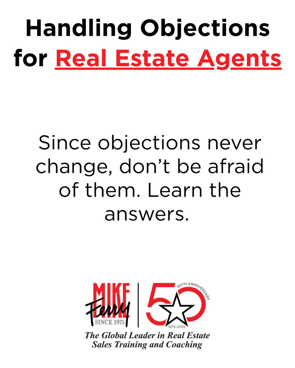 MikeFerryOrg's tweet image. Real Estate Agents! 🚨
Objections never change. Learn the answers and win.
👉 Do you fear objections or see them as opportunities?

#RealEstateAgents #ObjectionHandling #RealEstateCoaching #MikeFerry #TopProducerMindset