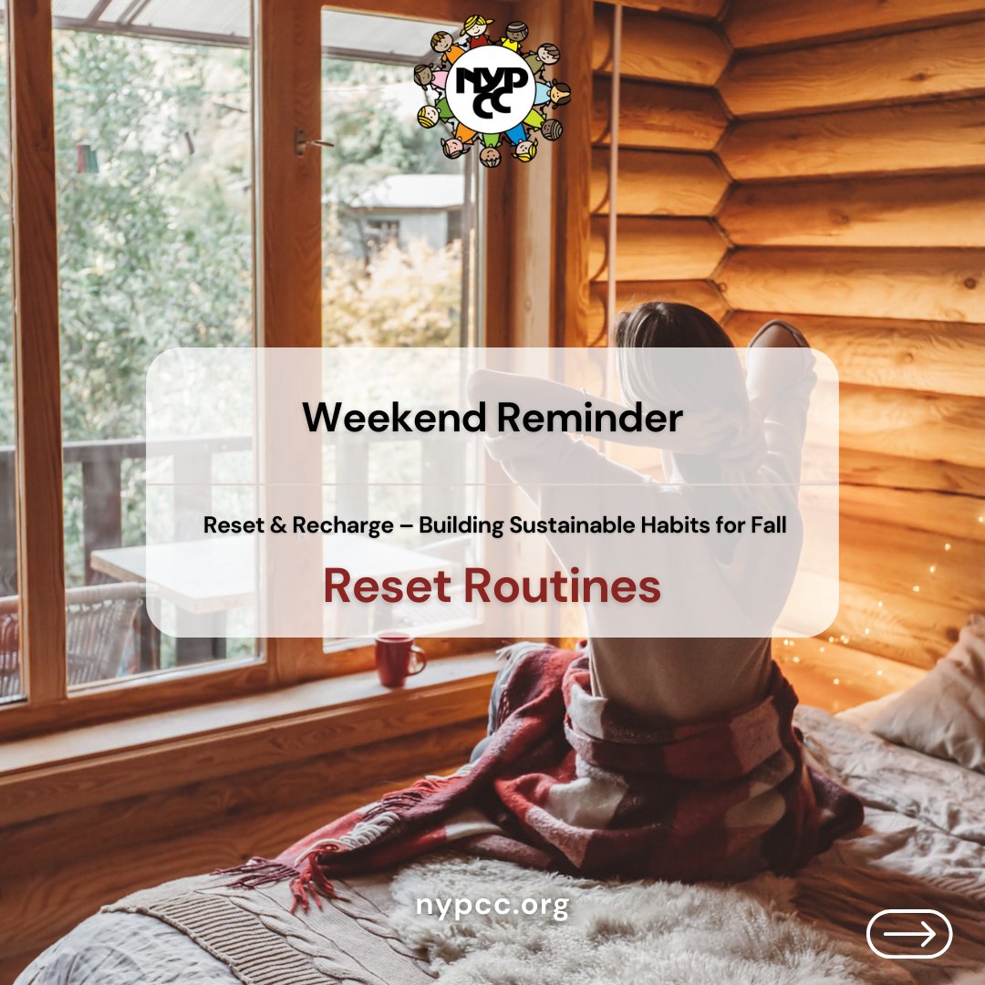 NYPCC1's tweet image. Weekend Reminder: Small changes = big impact. Adjust one part of your daily routine to support your well-being—sleep, meals, or screen time. Progress is showing up with purpose. 

#DailyHabits #ResetRoutine #WellnessJourney #WeekendReminder