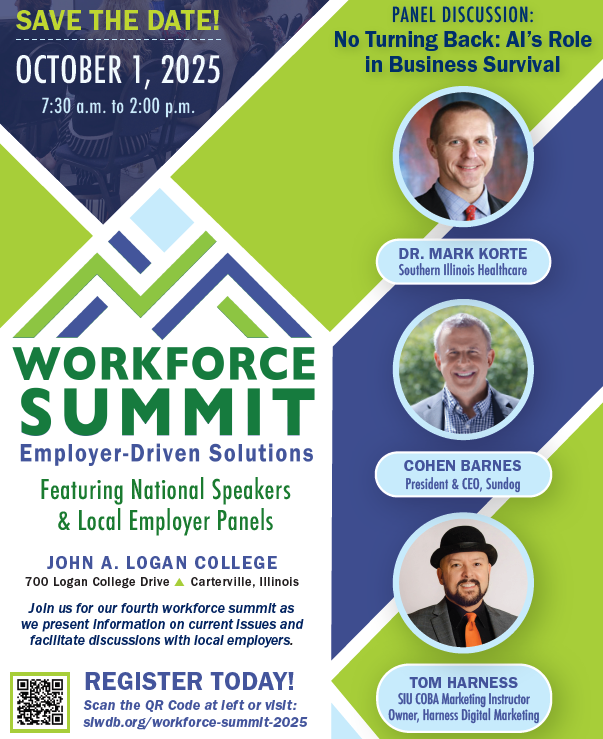 The ​fourth Workforce Summit: Employer-Driven Solutions will be held on October 1st at John A. Logan College. Join the Southern Illinois Workforce Development Board for national speakers and employer panels. More details: ow.ly/tGGS50WUeVk

#ApprenticeshipIL