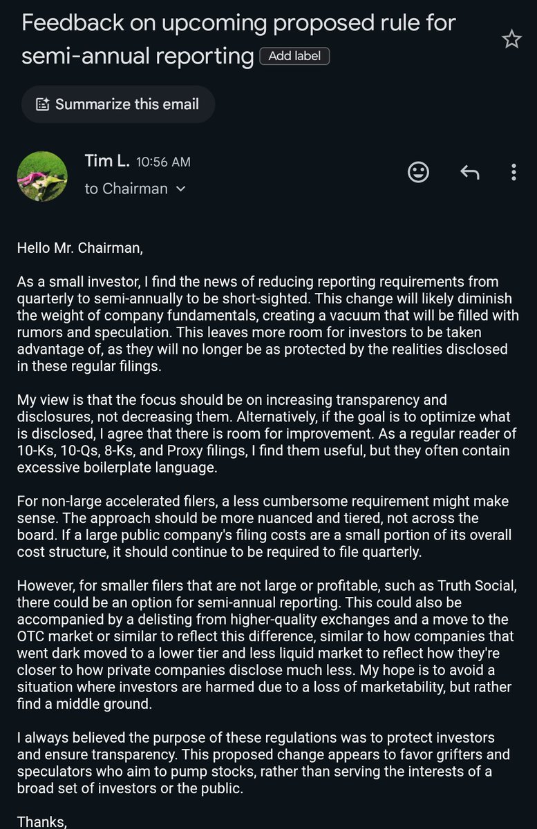 tlivian's tweet image. CALLING INVESTORS who rely on quarterly SEC filings, please be loud, share &amp;amp; reach out to whoever makes sense to avoid this semi-annual grifter crap. I emailed SEC chair, Atkins, see image. I didn't find a page for public comments

cnbc.com/2025/09/19/sec…

sec.gov/about/contact-…