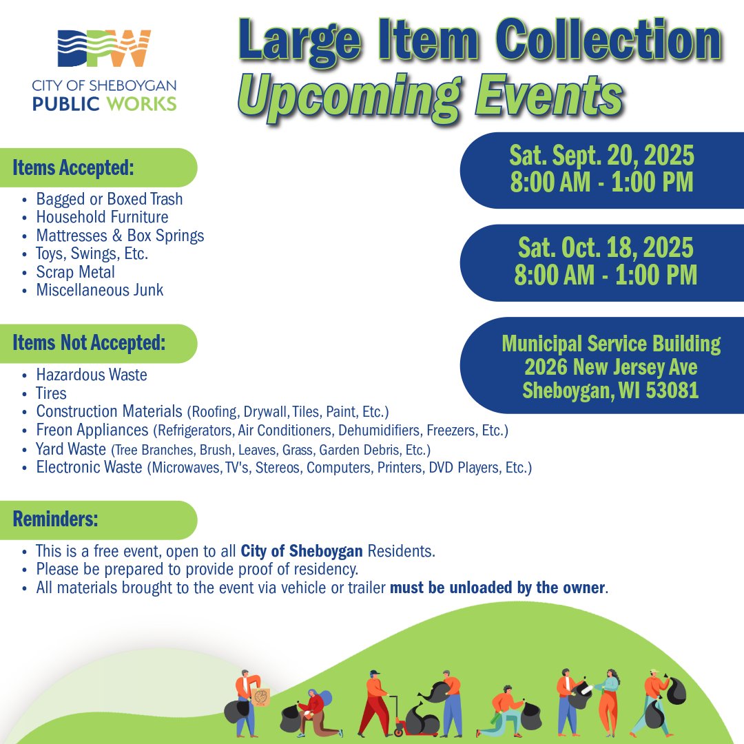⌛ The Department of Public Works will hold its final Large Item Collection Events of 2025 on September 20th and October 18th from 8:00 a.m. until 1:00 p.m. at the Municipal Service Building, located at 2026 New Jersey Ave.  

🔗 sheboygandpw.com/news-updates/f…