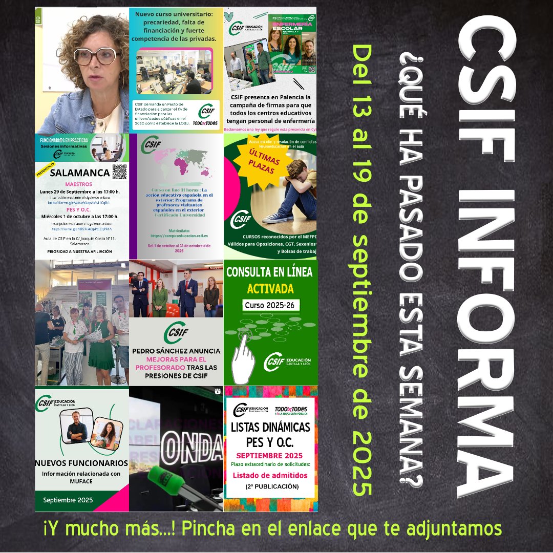 CSIF Educación CyL (@csifensenanzcyl) on Twitter photo 💚CSIF te trae las noticias más importantes de Educación en CyL💚
🔊¿Qué ha pasado esta semana? Del 13 al 19 de septiembre de 2025.
👇🏻Toda la información en el siguiente enlace: 
cutt.ly/CSIFeduCyL 💚CSIF te trae las noticias más importantes de Educación en CyL💚
🔊¿Qué ha pasado esta semana? Del 13 al 19 de septiembre de 2025.
👇🏻Toda la información en el siguiente enlace: 
cutt.ly/CSIFeduCyL