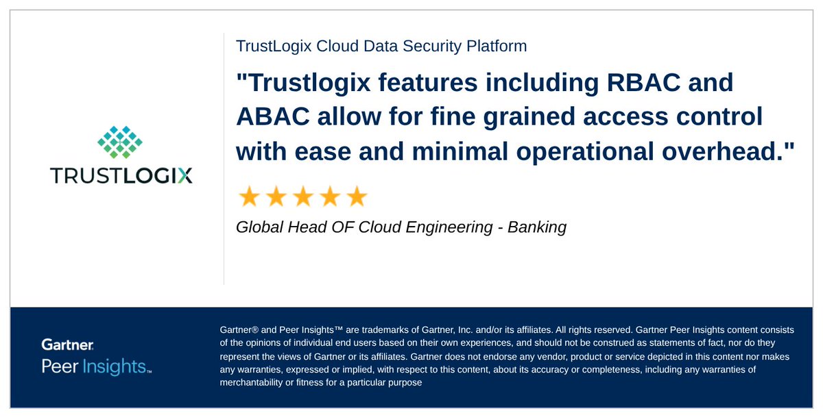 Global Head of Cloud Engineering in the Banking Industry gives TrustLogix Cloud Data Security Platform 5/5 Rating in Gartner Peer Insights™ Data Security Posture Management (DSPM) Market. Read the full review here: hubs.li/Q03DXKB_0 #gartnerpeerinsights #TrustLogix