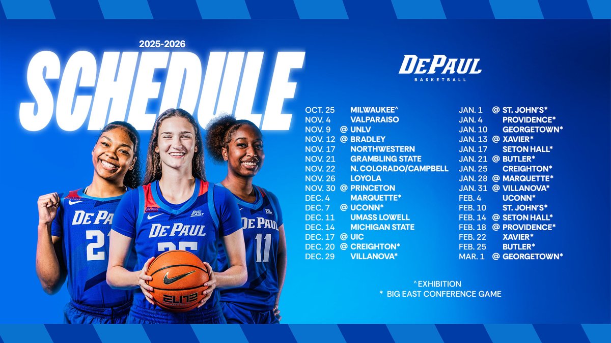 The dates are set. Tipoff coming 🔜

📰 » ow.ly/YZwT50WZsFe
🎟️ » ow.ly/IklV50WZsFh

#DePaulBall x #BlueGrit 🔵😈