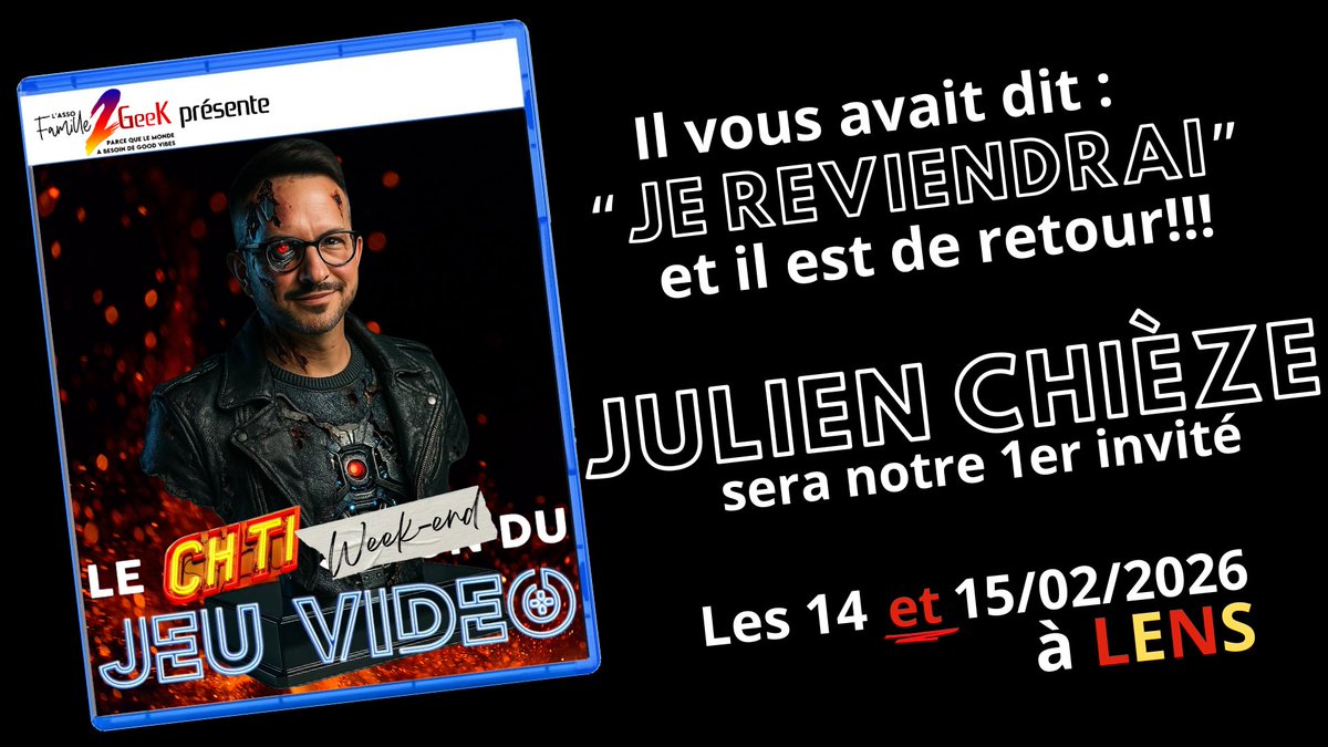 Jamais 2 sans 3 ! <a href="/JulienChieze/">Julien Chièze</a> sera de retour !!! Il sera notre 1ère tête d’affiche du Chti Week-end du Jeu Vidéo 2026 et il sera présent les 2 jours !!! On vous donne RDV les 14 ET 15 février 2026 à Lens. Ça va être boooooooooon ! 
▶️youtube.com/@julienchieze?…