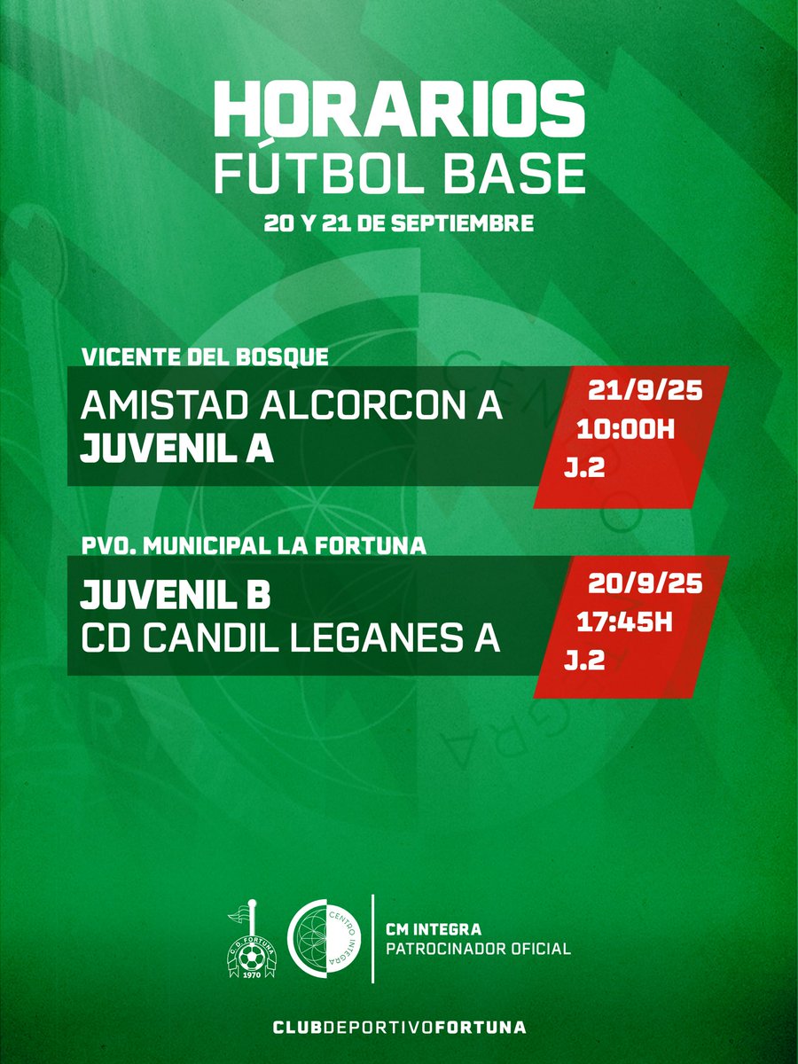 FÚTBOL BASE | Horarios y Partidos

Segunda jornada liguera para nuestro Juvenil A y B.

#VamosFortuna