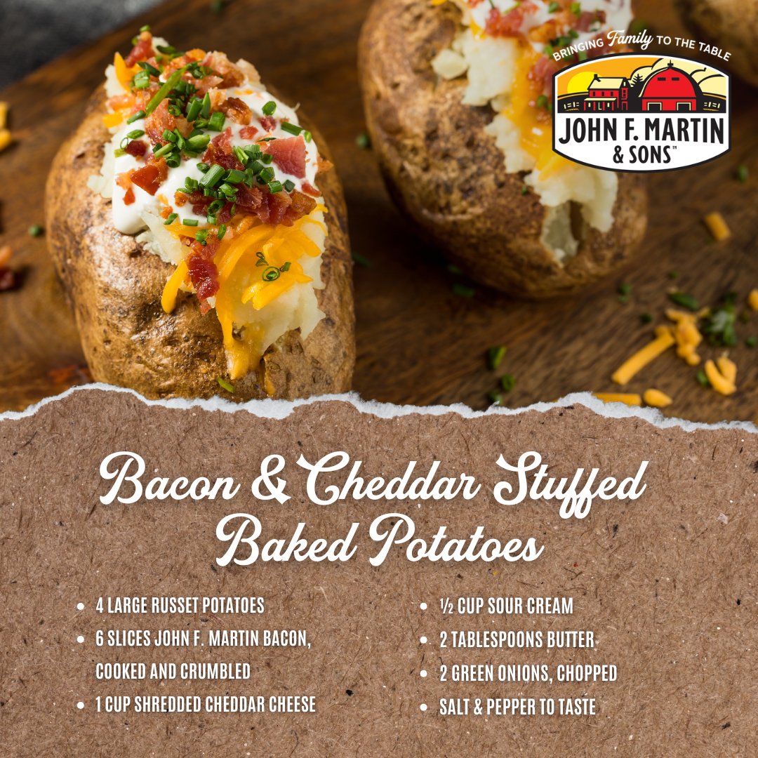 Try these easy bacon and cheddar stuffed potatoes! 🥓🧀
Bake potatoes at 400°F for 45–60 mins.
Cook and crumble 6 slices of JFM Bacon.
Scoop out, mash with sour cream, butter, cheese, and half the bacon.
Stuff back in, top with more bacon and cheese, and bake 10–15 mins.