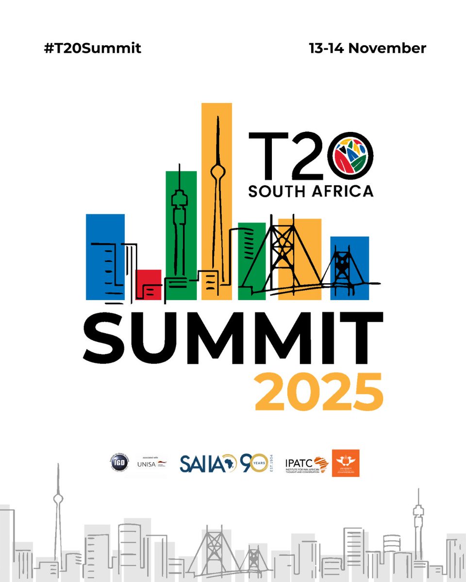 SAIIA, along with T20 co-convenors <a href="/IGD_SA/">IGD</a> and <a href="/ujipatc/">Institute for Pan-African Thought and Conversation</a>, is pleased to announce the T20 South Africa Summit. Join us on 13-14 November in Johannesburg as we consolidate our contributions to the <a href="/g20org/">G20 South Africa</a> and chart a path forward.

➡️Registration details: t20southafrica.org/events/t20-sum…