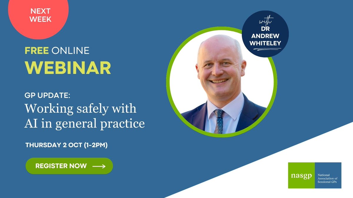 For anyone who wants to learn more about AI in general practice but isn’t sure where to start, Dr Andrew Whiteley (founder, <a href="/LexacomDictate/">Lexacom</a>) is here to help at our Oct members-only webinar: nasgp.org.uk/webinars/

#GP #GPIT #AIinGeneralPractice #GeneralPracticeAI #PrimaryCareAI