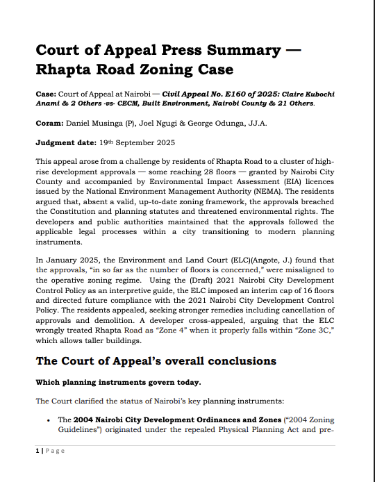 Kenyajudiciary's tweet photo. Court of Appeal Press Summary — Rhapta Road Zoning Case https://t.co/pI4peZmYUK