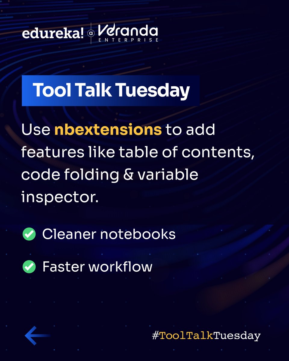 edurekaIN's tweet image. Turn chaos into clarity. 🧹
Level up your Jupyter game with simple extensions that save hours!
#ToolTalkTuesday #JupyterNotebook #PythonTools #Edureka #ProductivityHack