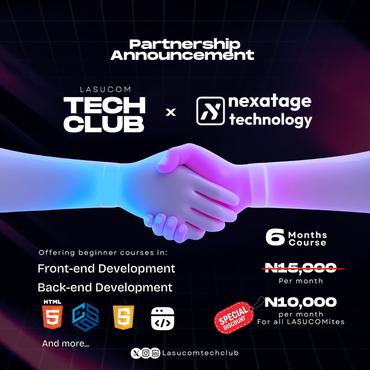LasucomTechClub's tweet image. 🚀 PARTNERSHIP ALERT 🚀

LASUCOM Tech Club 🤝 @nexa_tage Technology!

This partnership will equip LASUCOM students with beginner-friendly coding &amp;amp; tech skills 💻⚡.

#LASUCOM #TechCollaboration #MedTechies