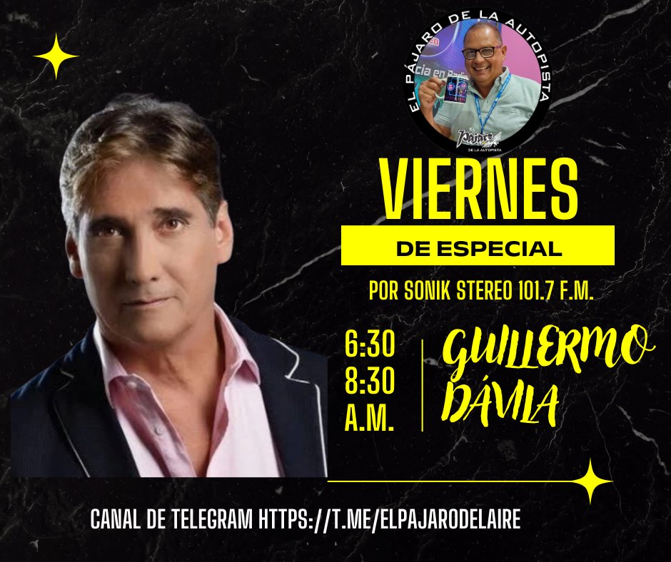 #PájaroDeLaAutopista (@nestor1ramirez) on Twitter photo Hoy #19sep en #DesdeLaCabina con #ElPájaroDeLaAutopista por <a href="/SonikStereo1017/">SonikStereo1017</a> estamos en Viernes de Especial con #GuillermoDávila.
Disfruta de su música y la historia de su vida.
6:30 a.m. a 8:30 a.m.
Canal de Telegram:
Https: //T.ME/ELPAJARODELAIRE Hoy #19sep en #DesdeLaCabina con #ElPájaroDeLaAutopista por <a href="/SonikStereo1017/">SonikStereo1017</a> estamos en Viernes de Especial con #GuillermoDávila.
Disfruta de su música y la historia de su vida.
6:30 a.m. a 8:30 a.m.
Canal de Telegram:
Https: //T.ME/ELPAJARODELAIRE