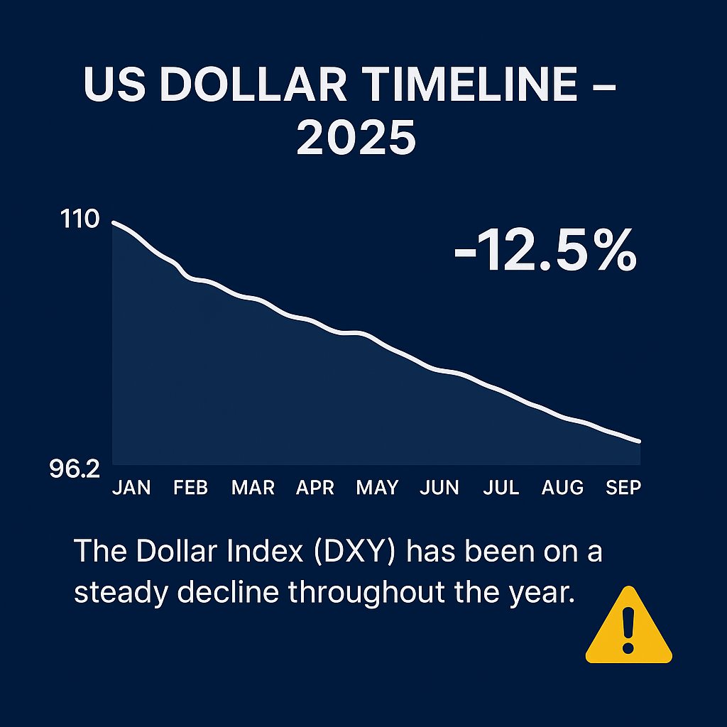 Daniel_Matt_22's tweet photo. 📉 US Dollar 2025 Timeline

From 110 → 96.20, DXY is down 12.5% this year after Fed cuts. The dollar keeps losing ground! 💵⚠️

JOIN US NOW🎯👇
https://t.co/KRmV9RIHaA

#USD #Forex #DollarIndex #Trading #MarketUpdate https://t.co/fpxDDo9nJI