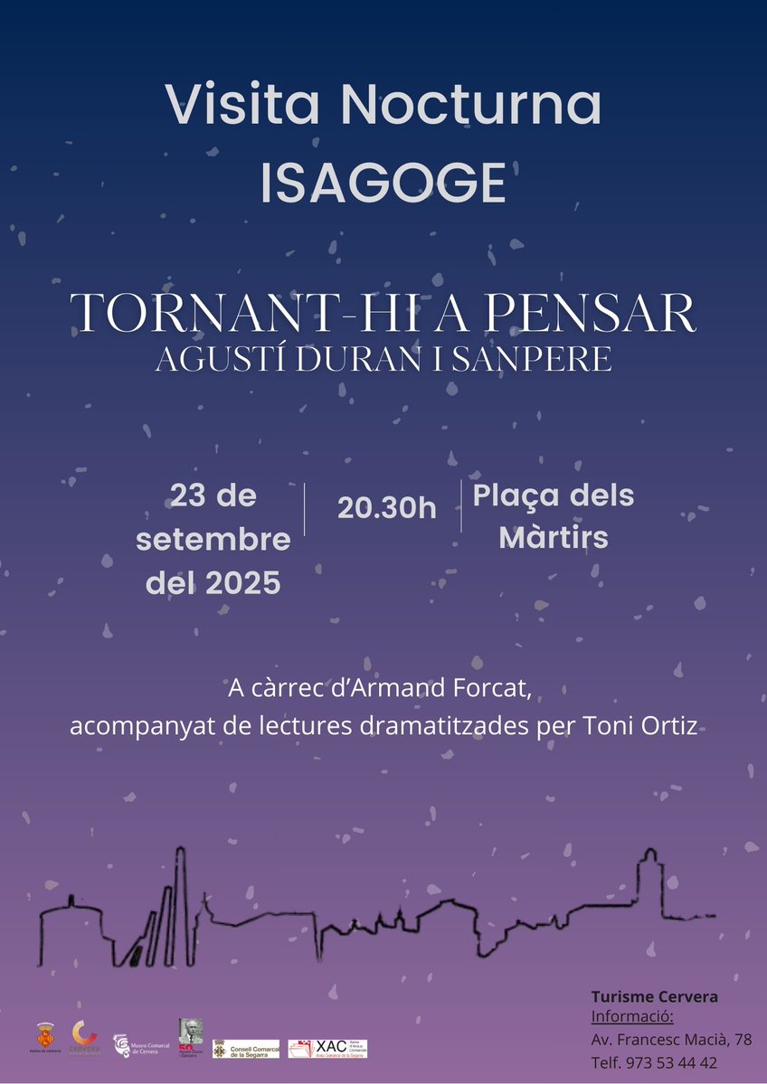 acsegarra (@acsegarra1) on Twitter photo #AnyDuraniSanpere #Isagoge #Cervera
Visita nocturna pels espais cerverins d'Agustí Duran i Sanpere, dimarts 23, a 2/4 de 9.
<a href="/paeriacervera/">Paeria de Cervera</a> <a href="/patrimonigencat/">Patrimoni</a> <a href="/ccsegarra/">Consell Comarcal de la Segarra</a>
<a href="/museudecervera/">Museu de Cervera</a>
#XAC #AnyDuraniSanpere #Isagoge #Cervera
Visita nocturna pels espais cerverins d'Agustí Duran i Sanpere, dimarts 23, a 2/4 de 9.
<a href="/paeriacervera/">Paeria de Cervera</a> <a href="/patrimonigencat/">Patrimoni</a> <a href="/ccsegarra/">Consell Comarcal de la Segarra</a>
<a href="/museudecervera/">Museu de Cervera</a>
#XAC