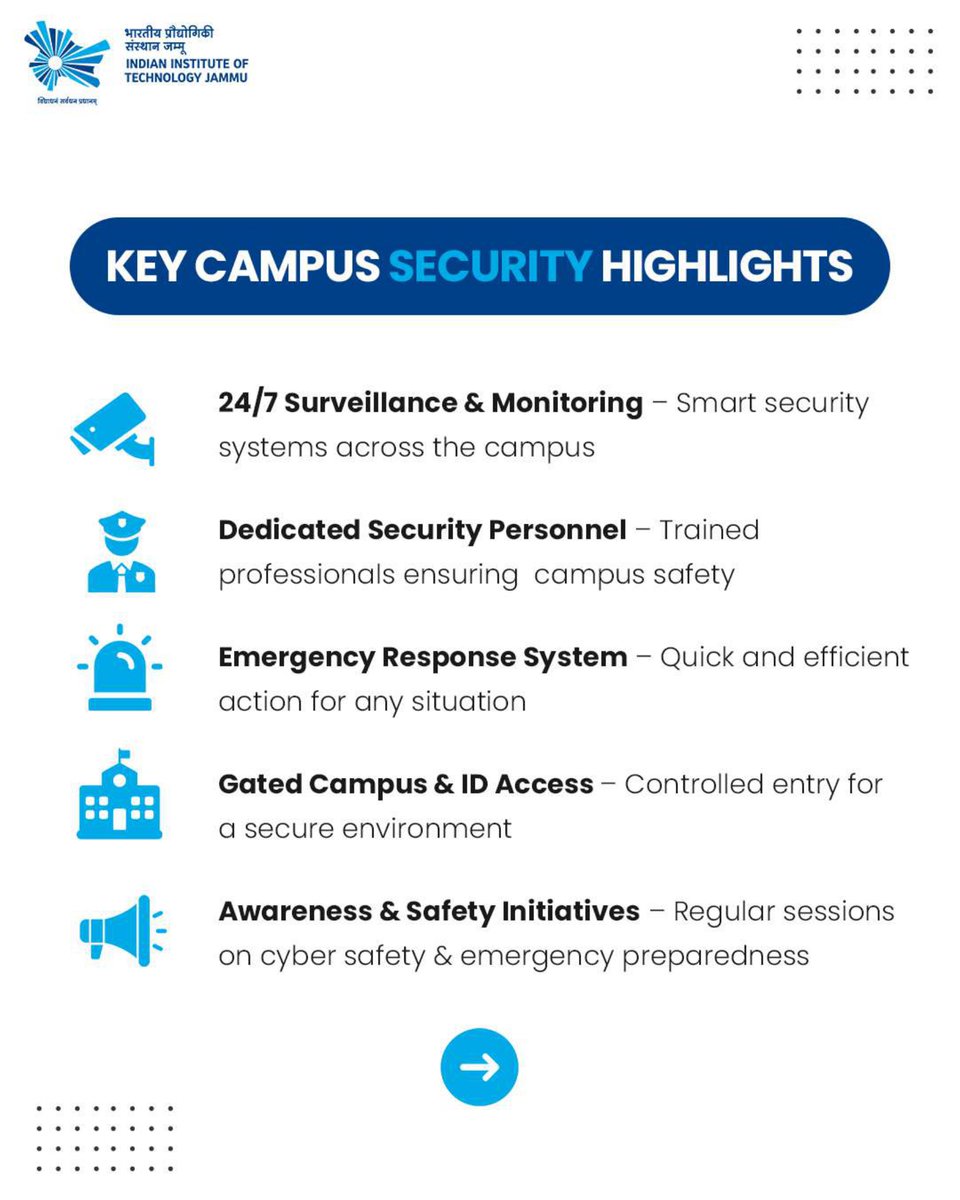 IITJammu's tweet image. Your safety, our commitment. 
IIT Jammu ensures a secure environment for every student. 
From top-tier campus security to the warm hospitality of Jammu, peace of mind is always guaranteed. 🛡️✨
 
 #SafeAndSecure #LifeAtIITJammu