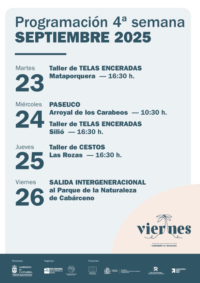 ProgramaViernes's tweet image. 📢 Programación #Viernes del 23 al 26 de septiembre. Más información en programaviernes.com y consultas en 623 259 382 y 772 142 973. #SoledadNoDeseada #Prevención #Programación #Comunidad #SajaNansa #CampooLosValles #Cantabria #NextGeneration #FondosEuropeos