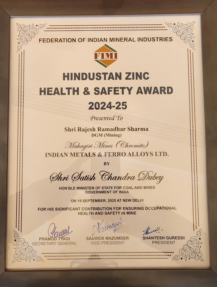 Another proud moment for our Mahagiri Mines (Chromite), adding to its growing list of recognitions!

It has been honoured with the prestigious Hindustan Zinc Health &amp; Safety Award 2024-25 at the 59th Annual General Meeting of the Federation of Indian Mineral Industries (FIMI).