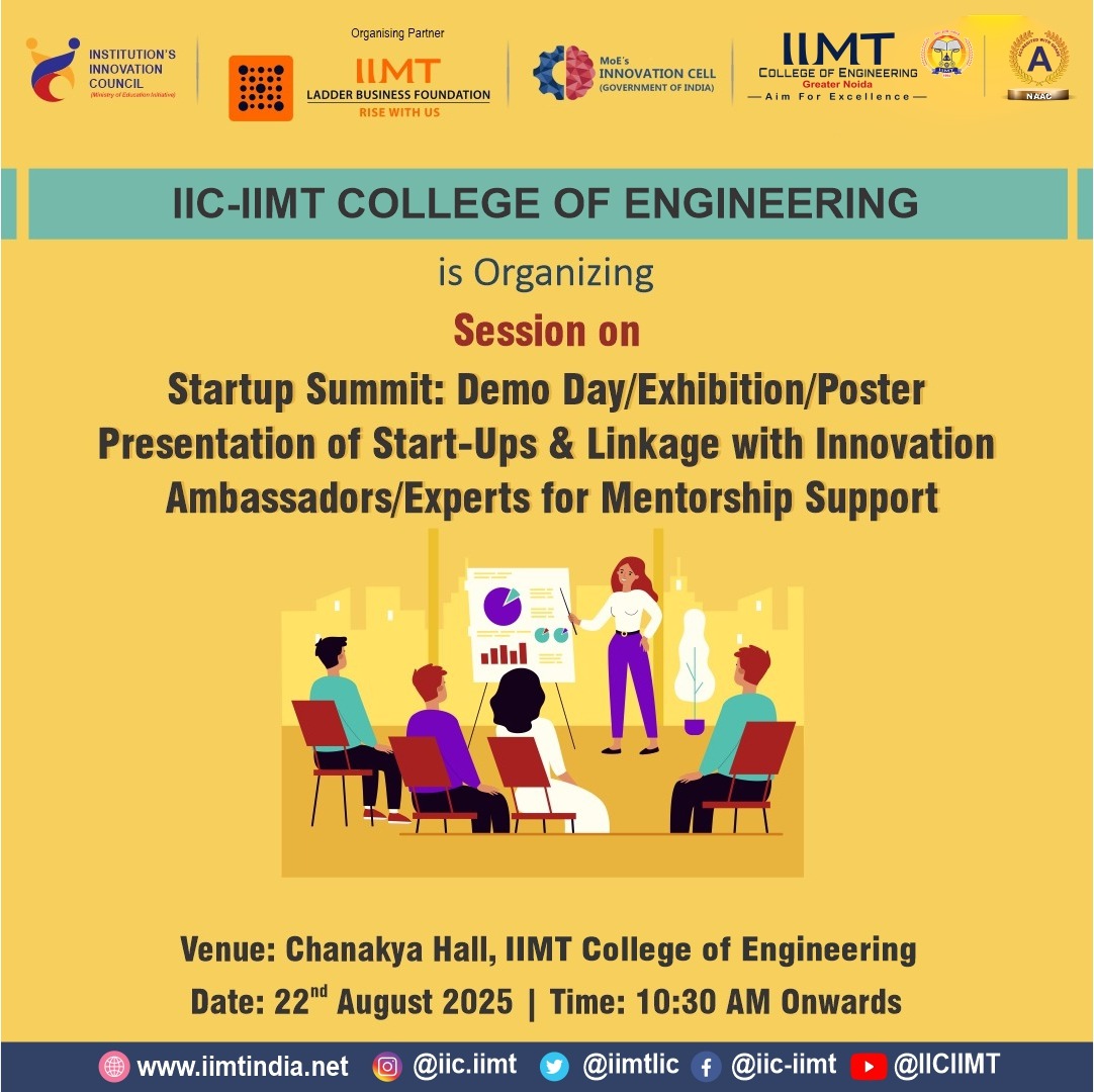 IimtIic's tweet image. IIC IIMT College of Engineering is organizing session on Startup Summit : Demo Day /  Exhibition / Poster Presentation of Start - Ups &amp;amp; Linkage with innovation Ambassadors / Experts For Mentorship support .
#StartupSummit #DemoDay #InnovationExhibition #PosterPresentation