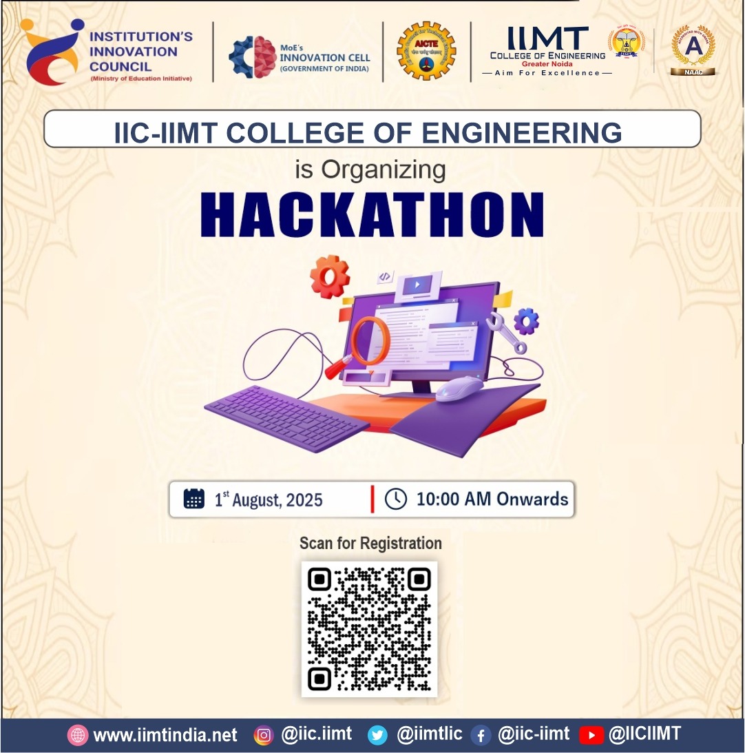 IimtIic's tweet image. The Institution’s Innovation Council (IIC) at IIMT College of Engineering proudly presents an electrifying Hackathon designed to ignite creativity, collaboration, and problem-solving skills among aspiring innovators!
#Hackathon #IIMTHackathon #IIMTCollegeOfEngineering #IIC