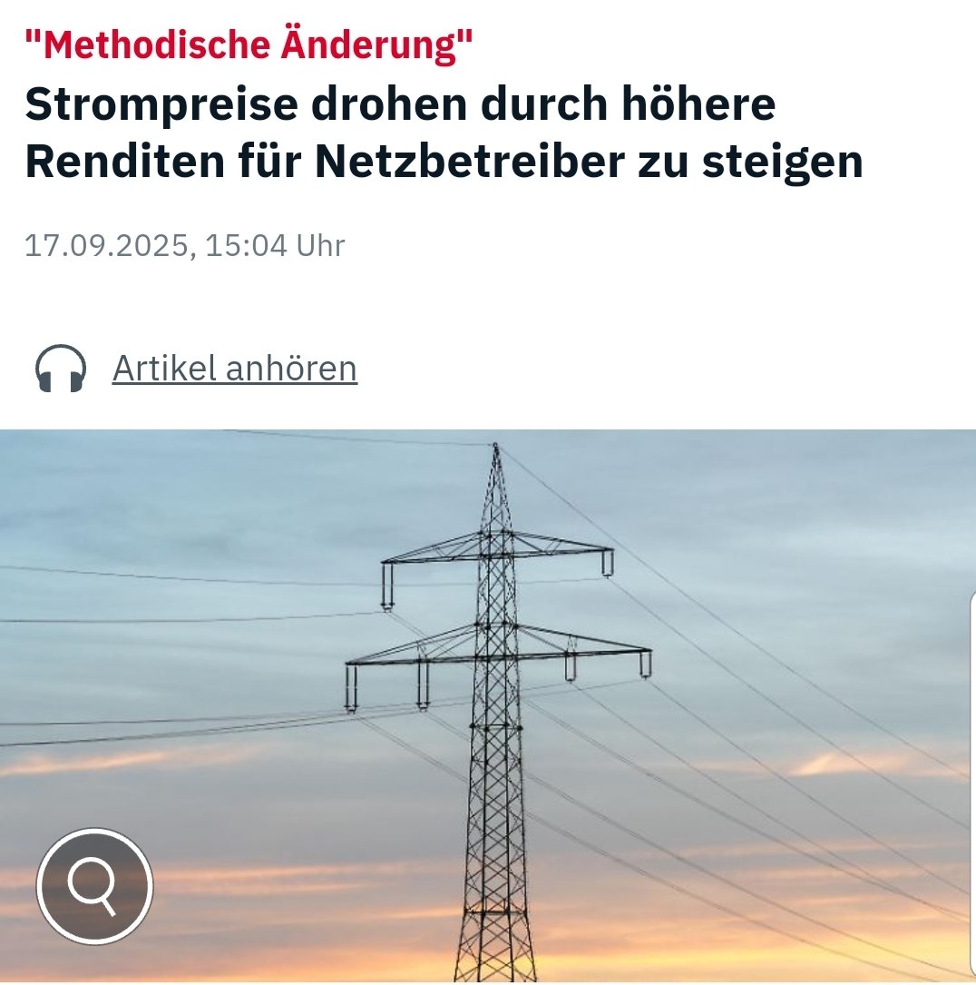 Die #CDU/#CSU erklärte im Wahlkampf, sie wolle die Energiekosten senken.

Aus der Absenkung der Netzentgelte wurde nichts... zumindest nicht für die Bürger... und jetzt lässt Wirtschaftsministerin die Preise bewusst steigen.

Von Anfang an hat die #Union ihre Wähler verarscht
/PM