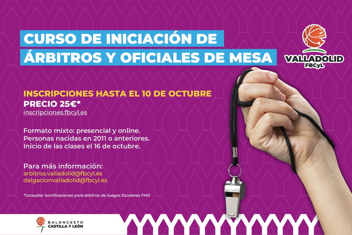 Curso de Iniciación de Árbitros y Oficiales de Mesa de Valladolid ✋🏀
👉inscripciones.fbcyl.es/call/0202e