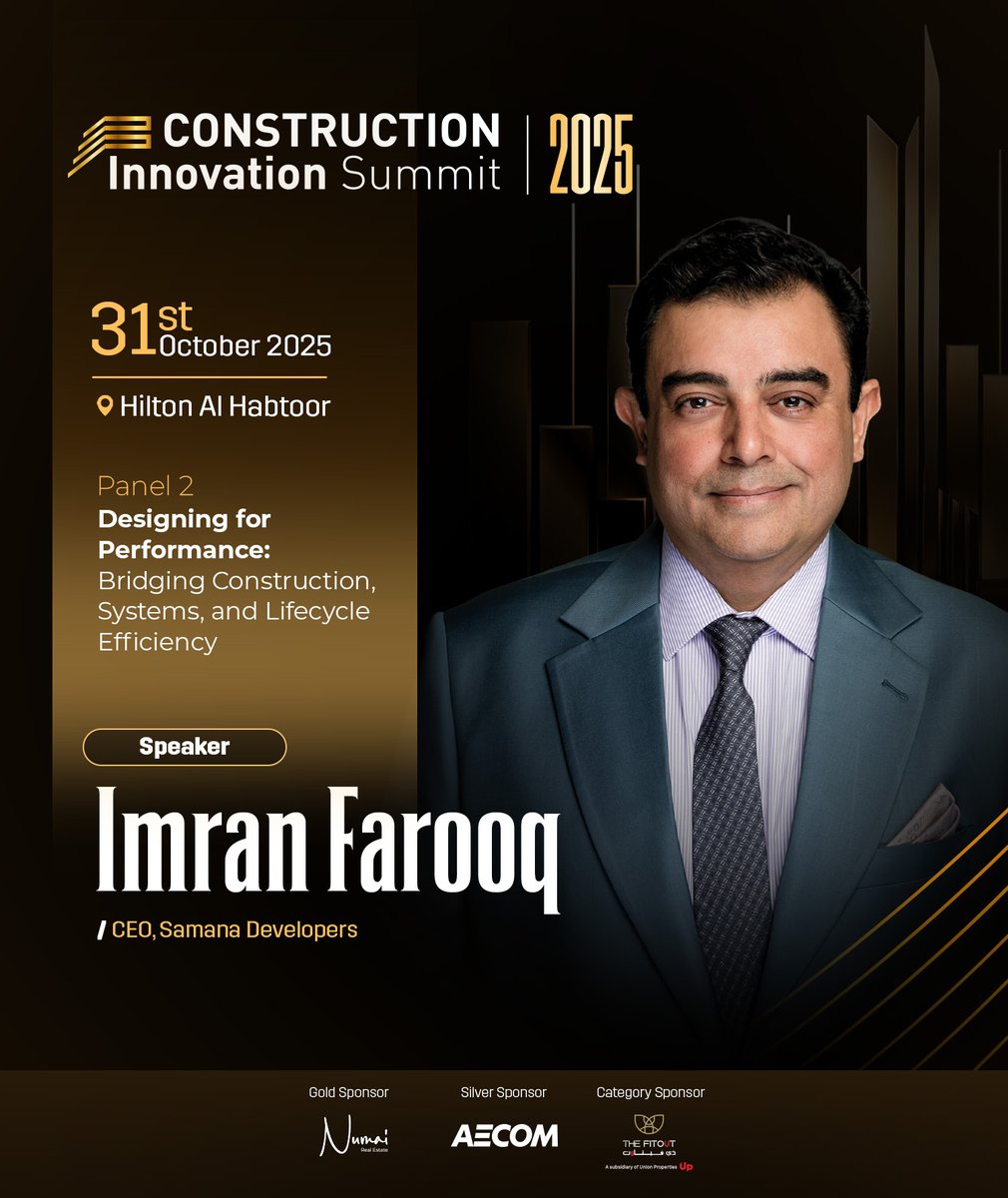 CBN_ME's tweet image. We’re thrilled to announce Imran Farooq, CEO of SAMANA Developers, as a key speaker on Panel 2 at the Construction Innovation Summit 2025.
Register here:  cbnme.com/construction-i…
#ConstructionInnovation #CBNME #SamanaDevelopers #Panel2