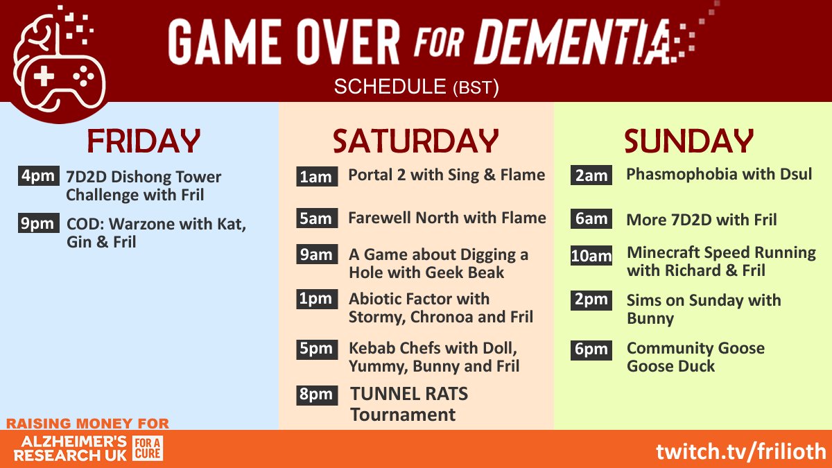 💜 This weekend is Game Over for Dementia! 💜

3 days of games, chaos, and community fun, all to raise money for <a href="/AlzResearchUK/">Alzheimer's Research UK</a> and support life-changing research.

Starts at 4pm Today

Join us live all weekend at 👉 twitch.tv/frilioth
Let’s make a difference together!