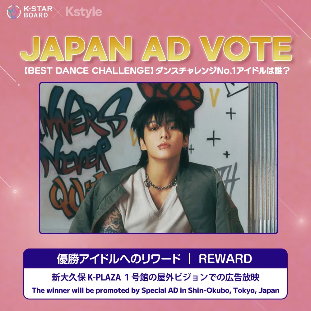 Kstyle_news's tweet image. 🕺ダンスチャレンジNo.1アイドル💃

＼ 終了目前 ／
リアルタイム順位をお届け🔥

1位は新大久保の大型ビジョンで
応援広告を上映🫶

🌟現在の1位は…JUNG KOOK (BTS)
ソロ活動でも圧倒的な存在感！
除隊後のさらなる活躍にも期待✨

▼投票はこちら🗳️
bit.ly/46xA871

#KSTAR #Kstyle