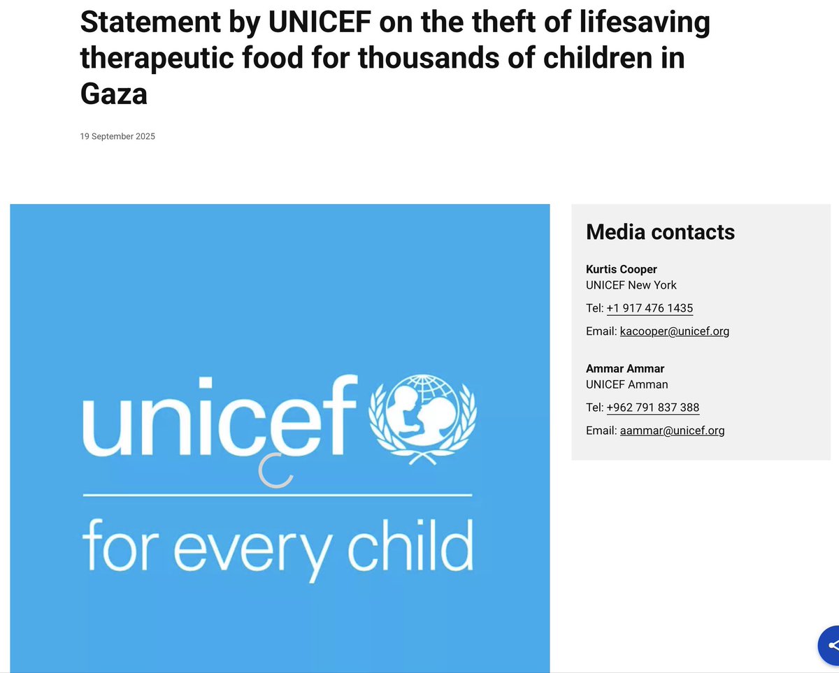 hoje_no's tweet photo. A UNICEF publicou hoje uma declaração repudiando o roubo de 4 caminhões com comida para crianças que seria distribuída na cidade de Gaza, mas há um “pequeno detalhe”: em nenhum momento o órgão da ONU nomeia o grupo que realizou o roubo, dizendo apenas “indivíduos armados”.

Segundo a nota, o roubo aconteceu no centro da cidade de Gaza, uma área onde o exército israelense ainda não chegou e uma área onde apenas um grupo terrorista atua: o Hamas. Mas para a ONU, são apenas “ladrões” e “indivíduos armados”.