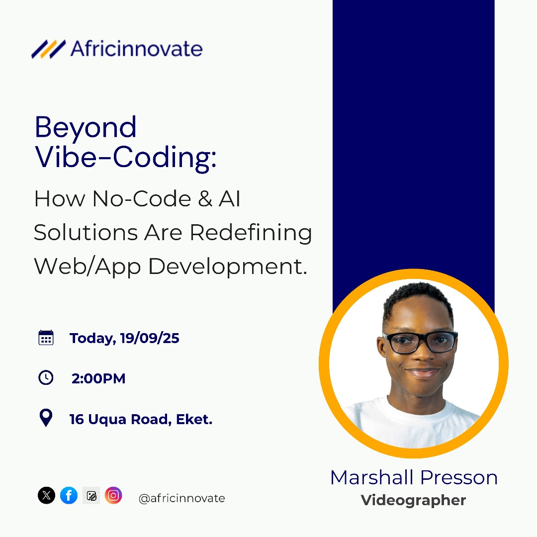AfricInnovate's tweet image. 🚀 Join us today for an impactful & dynamic presentation
Beyond Vibe Coding: How No-Code & AI are reshaping web & app dev.
Build smarter. Launch faster. Go beyond the vibe.
#NoCode #AI #BeyondVibeCoding