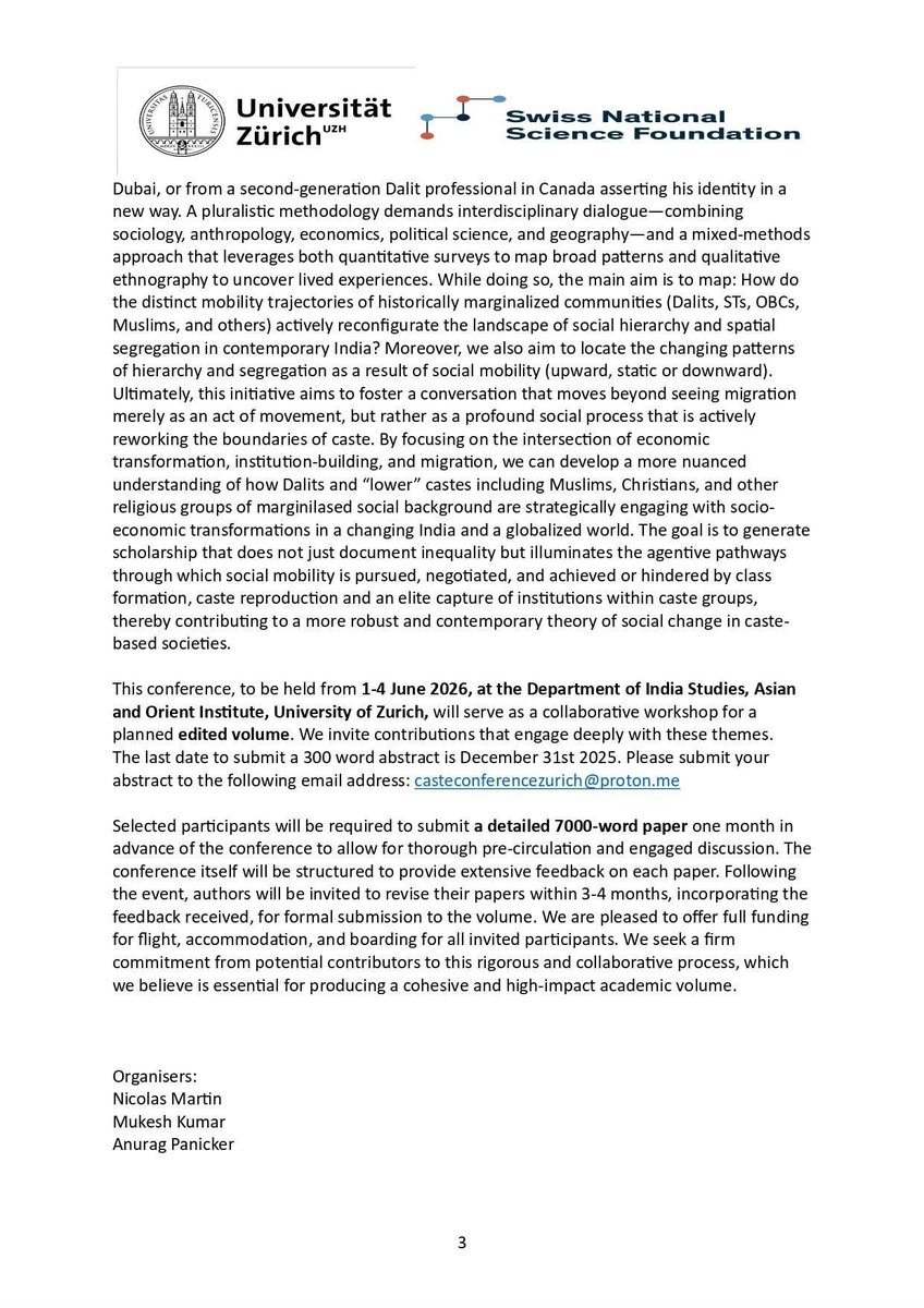 Attached is the open call for papers for an international conference on caste, social mobility and migration at the University of Zurich in June 2026. I would greatly appreciate it if you could circulate the concept note among your colleagues or share it on your social media.