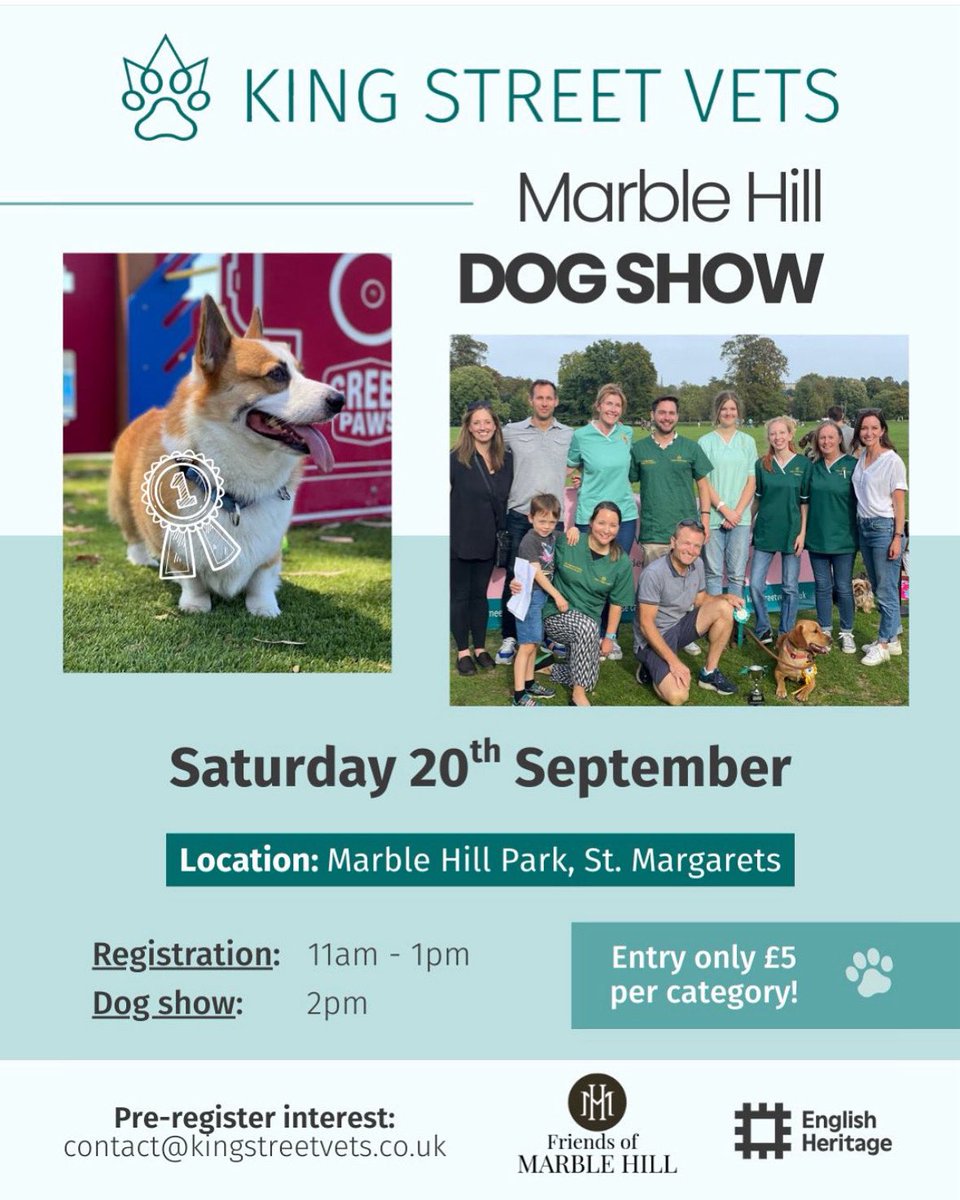 MARBLE HILL DOG SHOW with King Street vets 🐶At the cafe in marble hill.                                        📆 TOMORROW registrations from 11am.                              🎟️RAFFLE 🐾Dog treats available🍦ice creams to buy. 👯performances from Twickenham Academy of dance