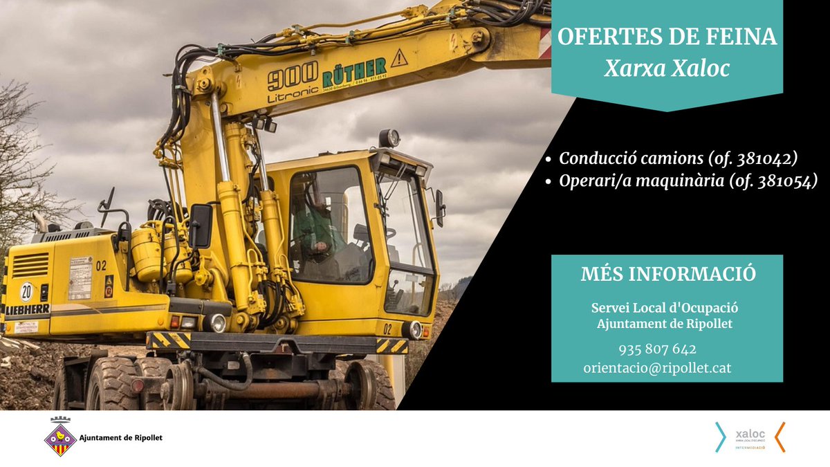 A la #XarxaXaloc de #Ripollet tenim noves ofertes de feina!

Coneix els requisits i apunta't a través de l'enllaç que les acompanya:
➡️Conducció camions: xaloc.diba.cat/ofertes-de-fei…
➡️Operari/ària maquinària: xaloc.diba.cat/ofertes-de-fei…

Més info:
☎️935 807 642
📩orientacio@ripollet.cat