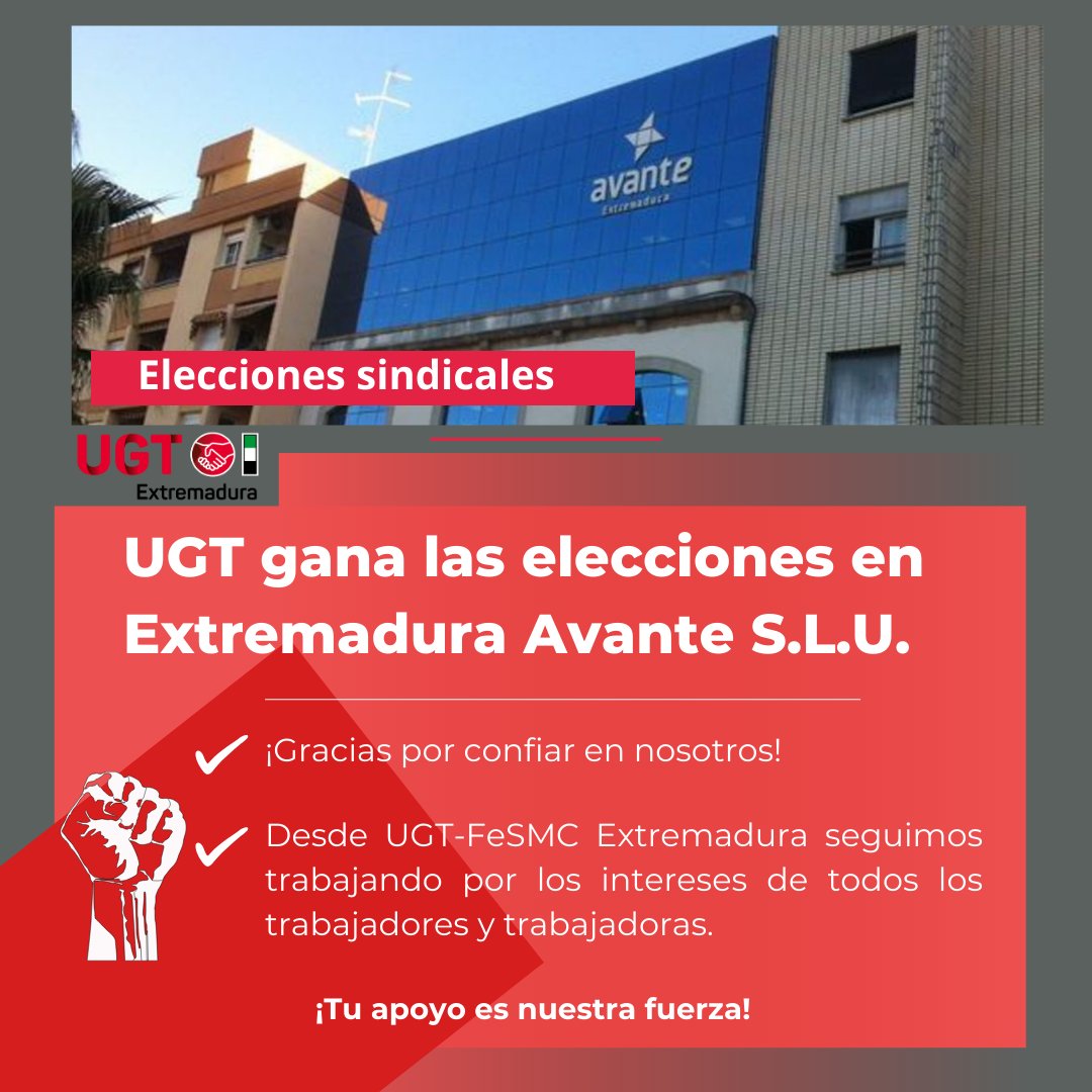 💪#UGTExtremadura gana las elecciones sindicales en Extremadura Avante (Grupo Avante).
🙏 Gracias a todas y todos los trabajadores por confiar en UGT-FeSMC Extremadura.
📷 ¡Tu apoyo es nuestra fuerza!
#eleccionessindicales #ExtremaduraAvante #Avante #TuApoyoNuestraFuerza