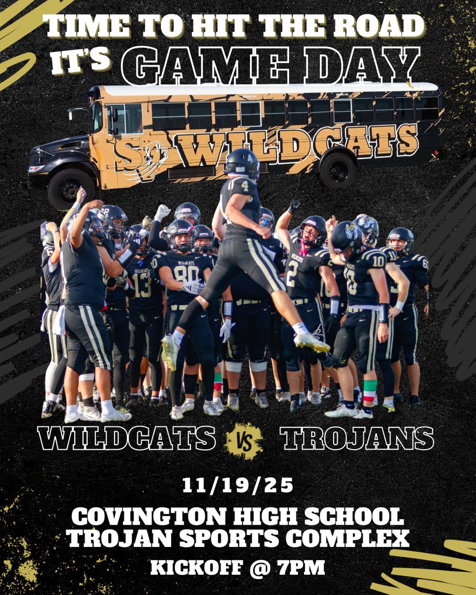 🚨 AWAY GAME ALERT 🏈🐾
 It’s time to hit the road Wildcat Nation Road Warriors!!  Let’s pack the stand and bring the noise! 
#WildcatNation #NeonNight  #svhsfootball #roadwarriors #fridaynightlights