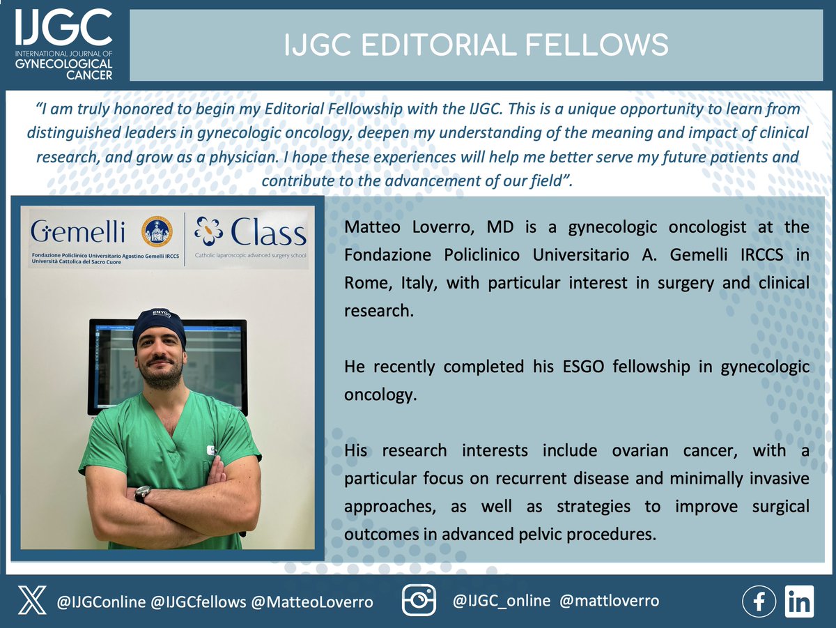 IJGConline's tweet image. #EditorialFellows
We are pleased to welcome Matteo Loverro @MatteoLoverro, #GynOnc at the Fondazione Policlinico Universitario A. Gemelli, in Rome 🇮🇹

✨ Welcome, Matteo! We’re really looking forward to working with you.

@pedroramirezMD @HsuMd @JayrajAarthi @AndreFernandes2…