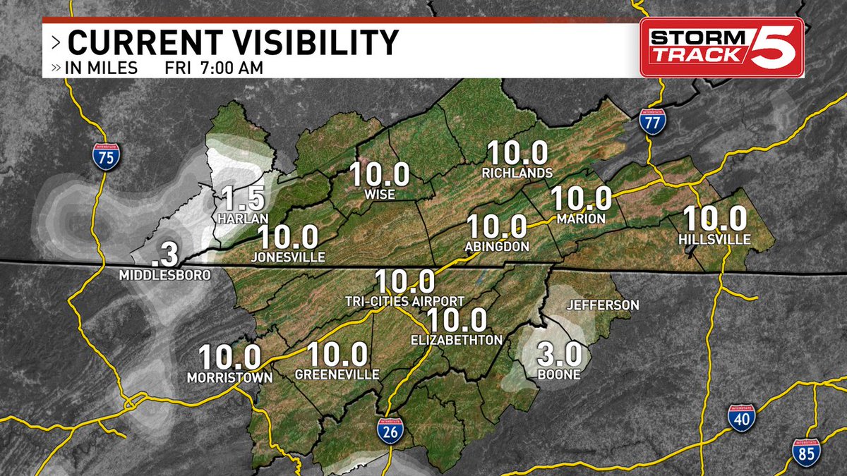 Good morning. Here's the latest visibility map. Latest forecast on News 5, in the StormTrack 5 app, and WCYB.com/weather.
