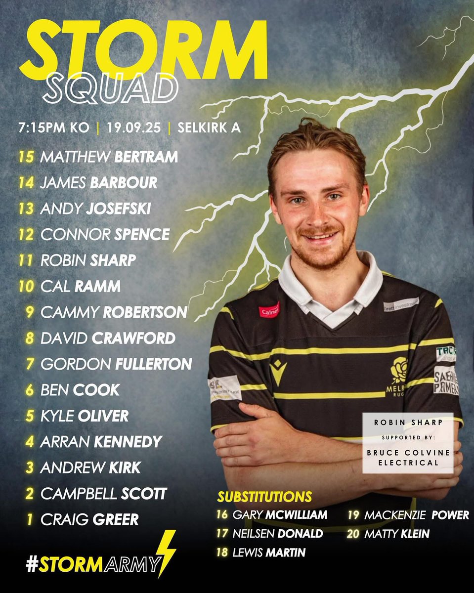 MelroseRugby's tweet photo. ＳＱＵＡＤＳ | Currie RFC (H)

The 1st XV and Storm squads for this weeks fixtures. 

The storm kick off TONIGHT at Philiphaugh against Selkirk A. 7:15PM ⚡️

Meanwhile the 1st XV face Currie tomorrow at the Greenyards. 3PM kick off 

#blackandyellow🐝 https://t.co/9E8l2plI8B