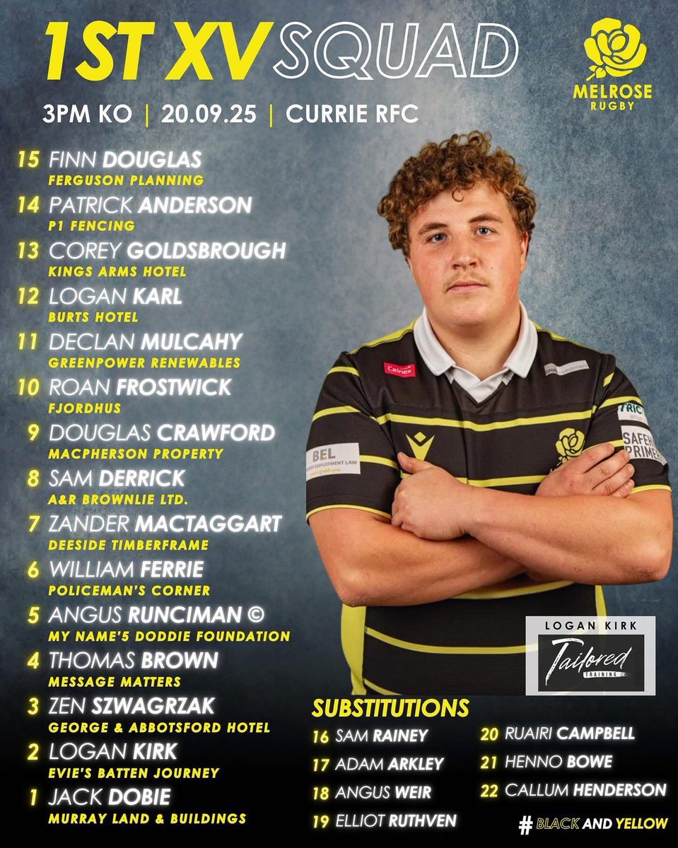 MelroseRugby's tweet photo. ＳＱＵＡＤＳ | Currie RFC (H)

The 1st XV and Storm squads for this weeks fixtures. 

The storm kick off TONIGHT at Philiphaugh against Selkirk A. 7:15PM ⚡️

Meanwhile the 1st XV face Currie tomorrow at the Greenyards. 3PM kick off 

#blackandyellow🐝 https://t.co/9E8l2plI8B
