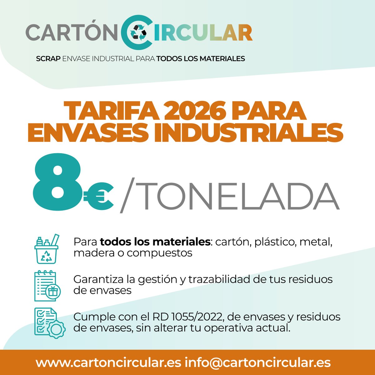 AFCOes's tweet image. El próximo año, gestionar envases industriales costará solo 8 €/tonelada.
✔️ Una tarifa única
✔️ Sin cuota inicial
✔️ Sin cambiar tu gestión
#CartónCircular: fácil, claro y sin sorpresas.
cartoncircular.es