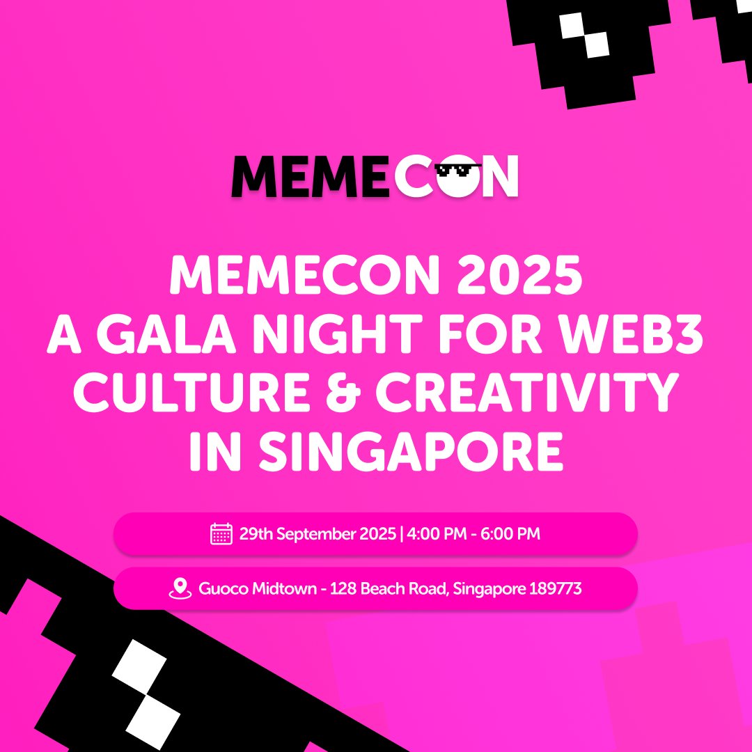 CoinEdition's tweet image. 📢 CoinEdition is proud to be a media partner for MemeCon Singapore 2025, the exclusive side event sponsored by GlobalBlockchainShow, happening alongside TOKEN2049.

📍 29 September, 2025 | Singapore

🎟 Tickets: luma.com/h0zwsenc

#CryptoEvent #Memecoin #MEMCON #TOKEN2049