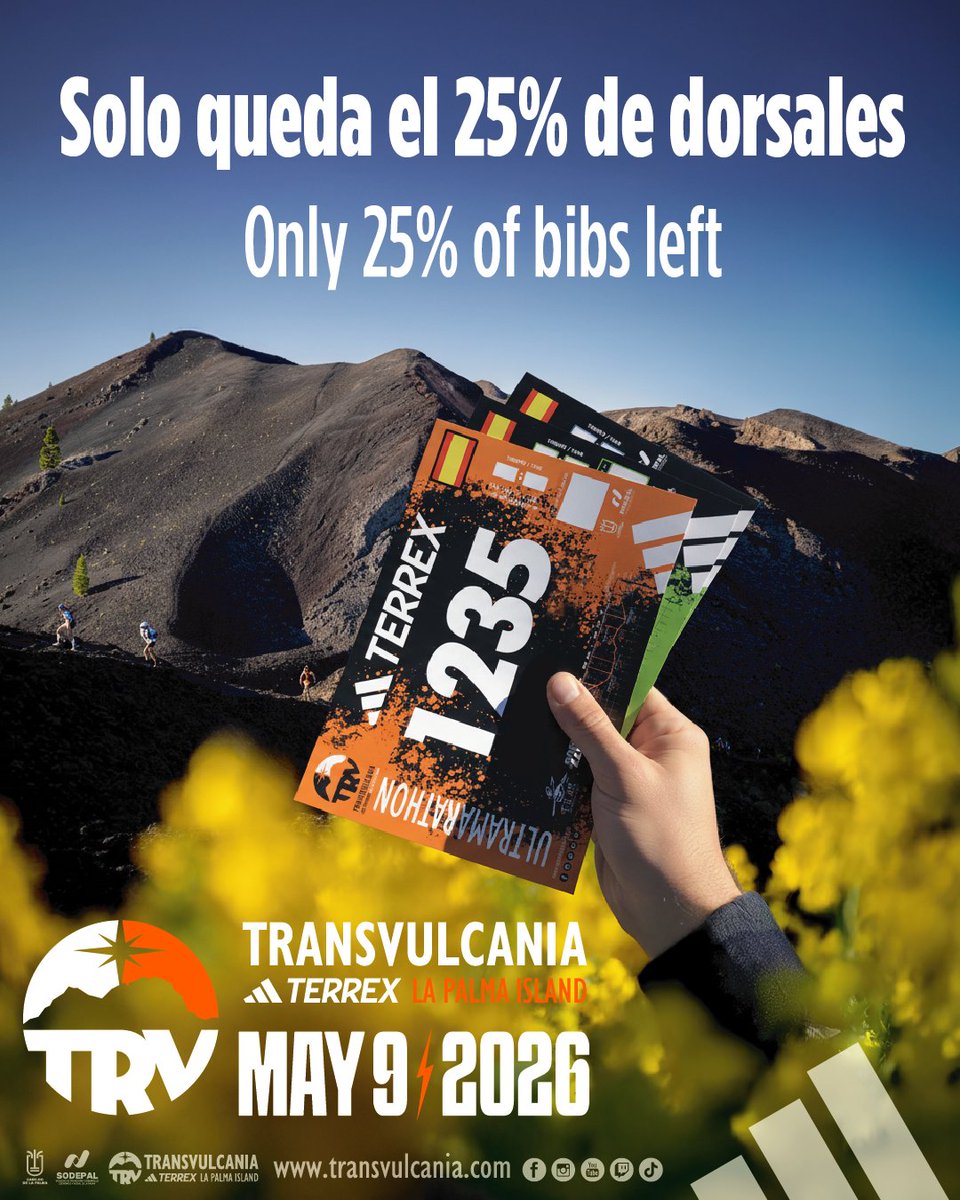 🔥🏃‍♂️ ¡La cuenta atrás está en marcha!
No te quedes sin tu dorsal para la 16ª edición de Transvulcania adidas TERREX.

⏳ Solo queda el 25% de dorsales disponibles.
⚡ Últimos 120 dorsales para la Media Maratón.
⚡ Últimos 150 dorsales para la Maratón.