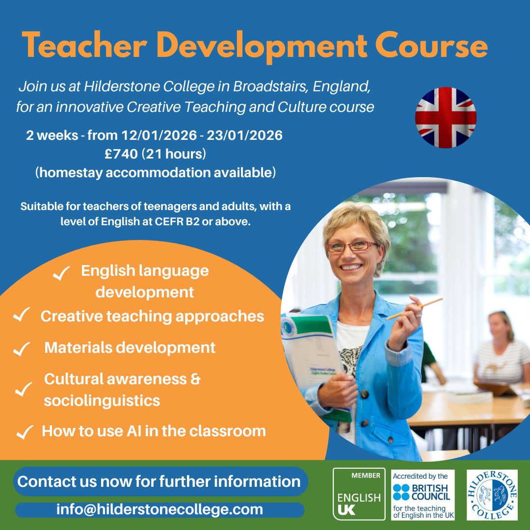 Join us for an innovative Creative Teaching and Culture course in January 2026. Suitable for teachers with a level of English at CEFR B2 or above. 📚
Contact us at📧 info@hilderstonecollege.com today!

#StudyWithHilderstonecollege #studyenglish #englishlearning #studyinengland