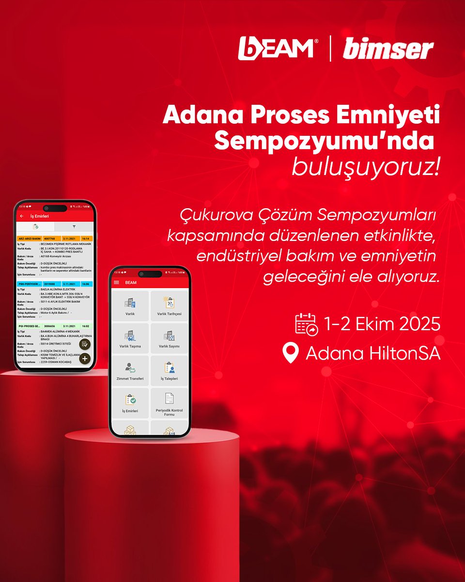 1-2 Ekim tarihlerinde Adana HiltonSA'da gerçekleşecek Çukurova Çözüm Sempozyumları kapsamında Adana Proses Emniyeti Sempozyumu'na katılım sağlıyoruz!

#Bimser #bEAM #BakımÇukurova #Adana #ÇözümSempozyumu #ModernBakım #EndüstriyelBakım