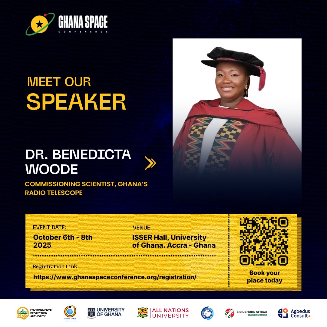 We are glad to have Dr Benedicta Woode, an Astrophysicist specialising in star formation and radio astronomy techniques, joining the Women Engagement in Space Panel at #GSC2025.

Register and Join us :ghanaspaceconference.org/registration/

#RadioAstronomy #WomenInSTEM #SpaceForDevelopment