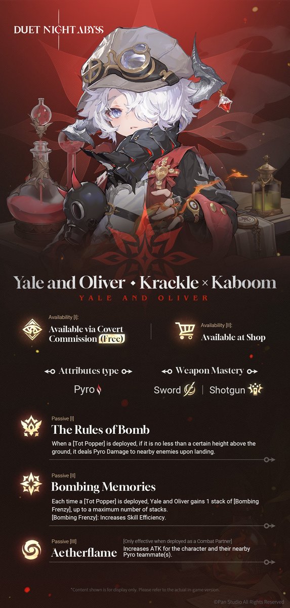 DNAbyss_EN's tweet image. ✦ Combat Abilities | Yale and Oliver (Pyro)

"Tot Popper," Yale's homemade bomb, harbors the soul of one named Oliver. Whenever Oliver launches into scathing critiques of a customer’s taste, Yale is left flustered — stammering and stumbling as he hurriedly apologizes on behalf…