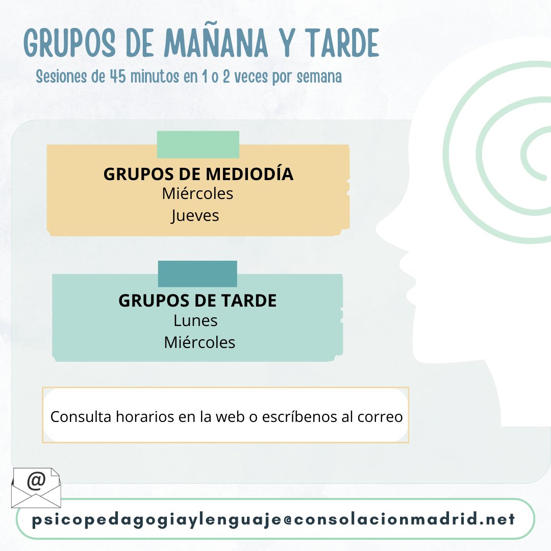 ¡Retomamos sesiones de psicopedagogía y terapia del lenguaje!
Intervenimos en:
Lenguaje 👅
Estimulación temprana 👧
Dificultades de aprendizaje 🔢➗✏️🔤
Refuerzo escolar 📚
Y muchas otras áreas del desarrollo
Consulta la web escríbe a psicopedagogiaylenguaje@consolacionmadrid.net